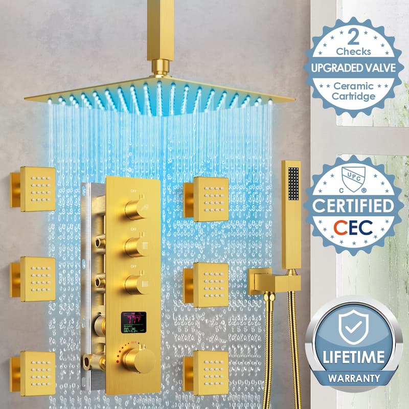 GRANDJOY Shower System, 64 Colors LED, Temperature Display, 12" Ceiling